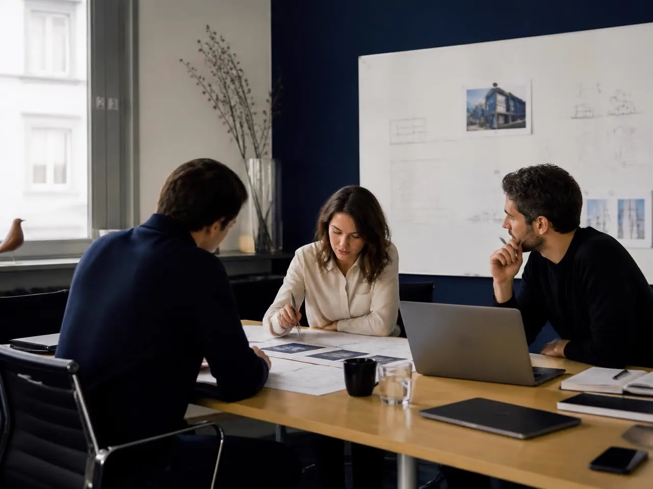 Session de travail stratégique dans un bureau européen contemporain, plans imprimés et diagrammes sur un tableau blanc